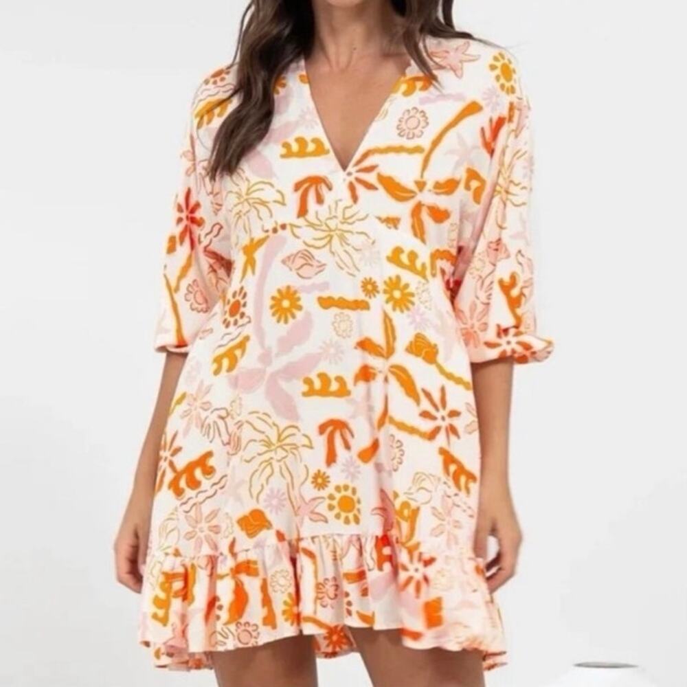 Label of Love Floral Mini Dress S Orange Pink Rayon Boho Beach Cover Up Tunic